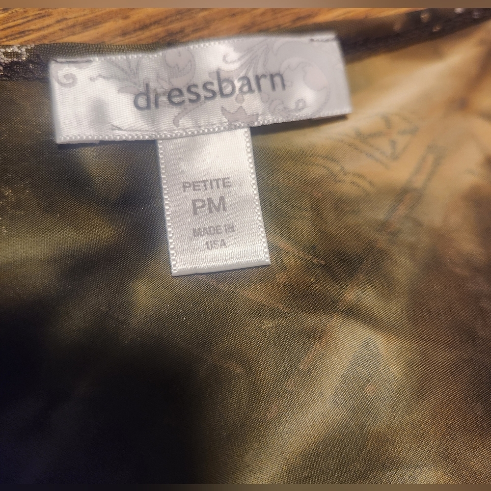 Dress Barn Short Sleeve Brown/Green Cowel Neck Gold Metallic Embellishmets PM - Picture 8 of 10